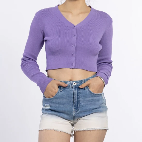 Camisas casuales de suéter de manga larga para mujer de algodón acanalado de punto morado personalizado