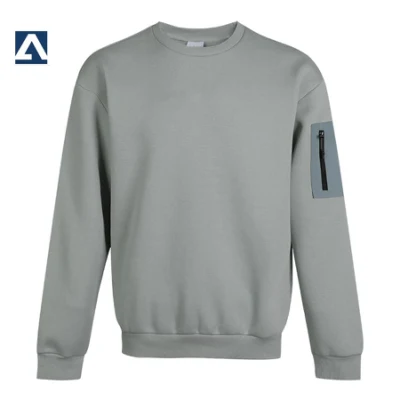 Cuello redondo Cremallera en la manga Jersey al por mayor Gris Relajado Fit Plain Blank Mens Sweatershirt