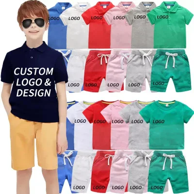 Gran oferta 2023, polos personalizados para niños, 100% polos de algodón para niños, conjunto de camisetas y pantalones cortos para niños